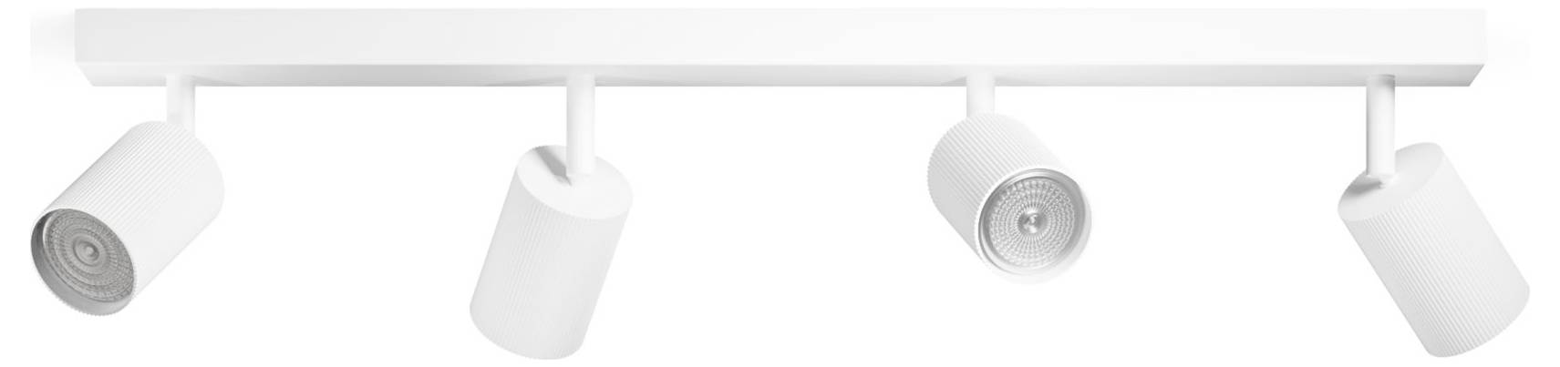 Four white ceiling spotlights on a track, angled in different directions against a light background.