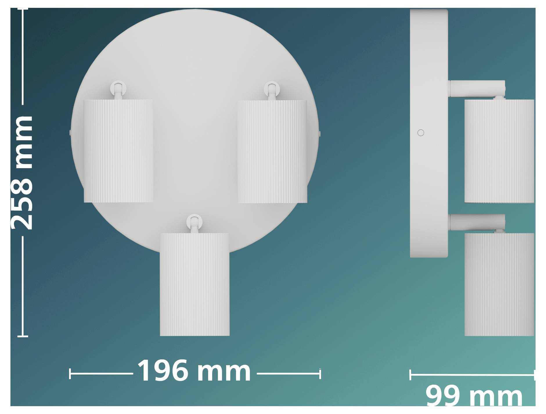 Technical diagram of a ceiling light fixture with three cylindrical shades, showing dimensions 258 mm tall, 196 mm wide, and 99 mm deep.<br>