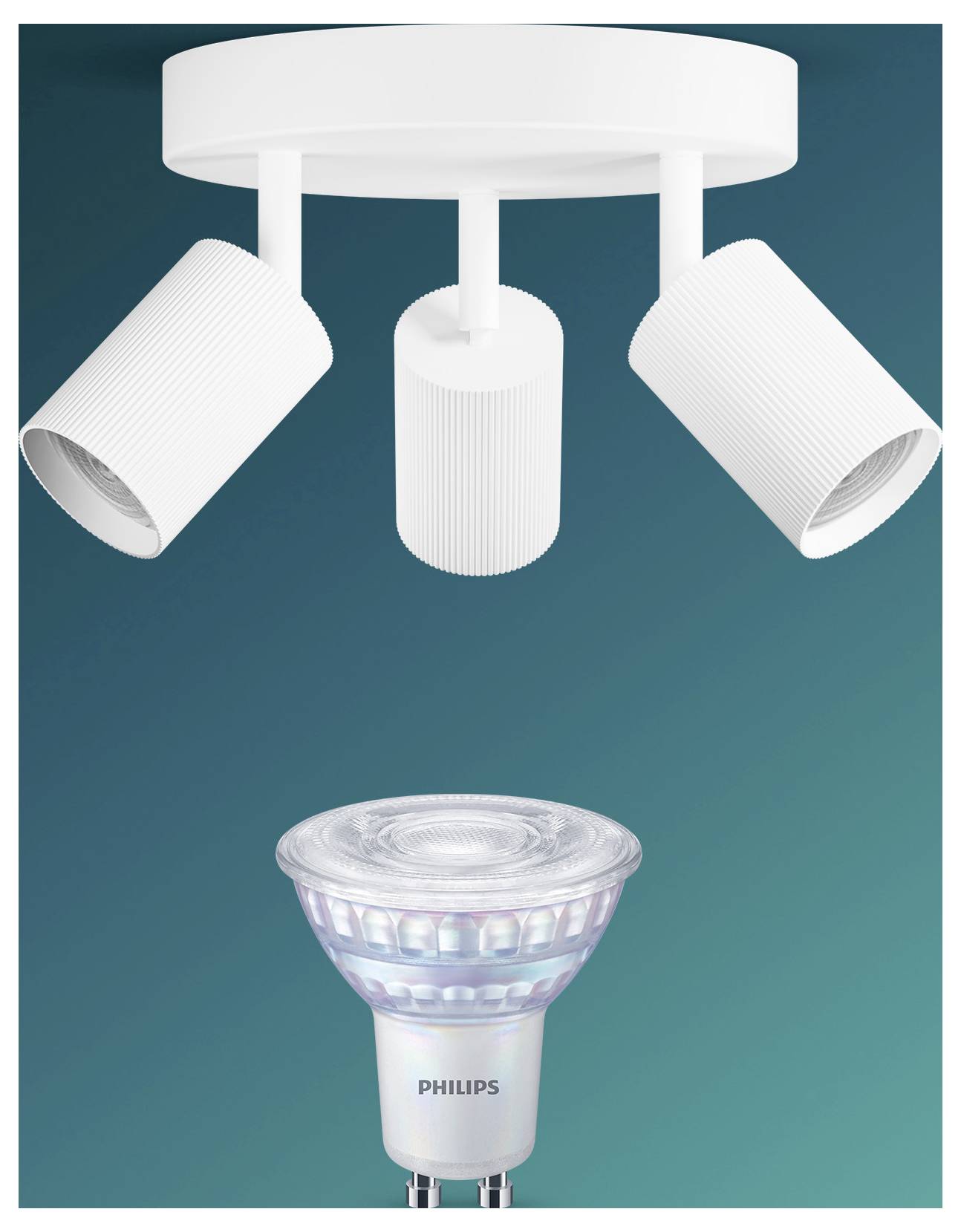 Philips LED spotlight shown below a three-head ceiling track light, illustrating a compatible bulb and fixture on a teal background.