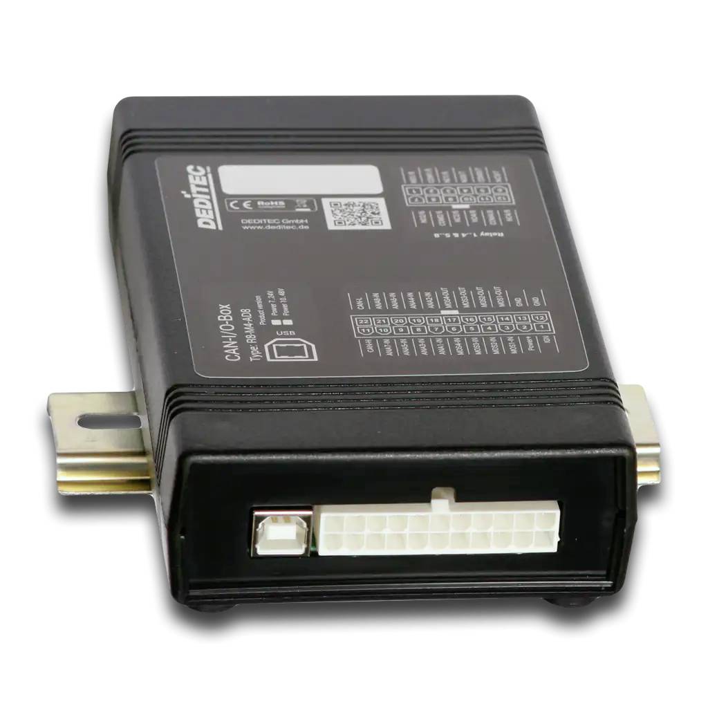Black automotive electronic control module with metal mounting tabs and white wiring connector ports, shown on a plain white background.