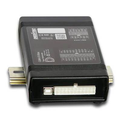 Black automotive electronic control module with metal mounting tabs and white wiring connector ports, shown on a plain white background.
