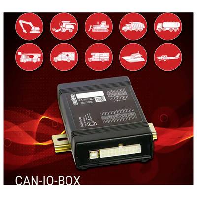 Black CAN-IO-BOX control module shown with icons for connected vehicles and machinery above it on a red background.
