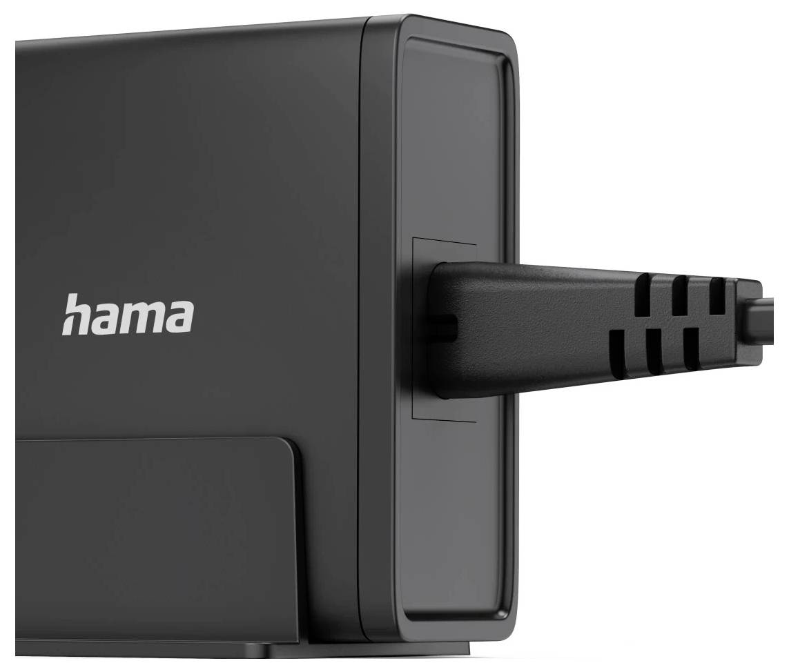 Black Hama wall charger with a protruding plug on a white background.