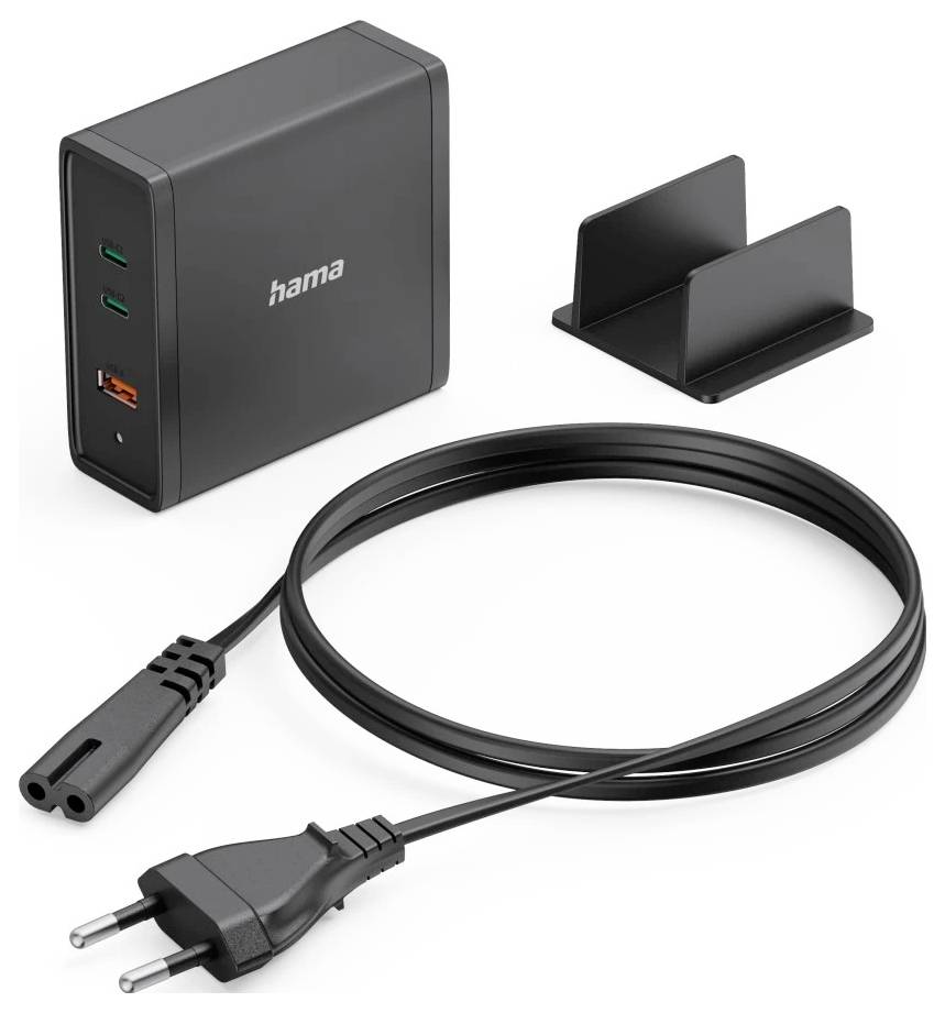 Black Hama multiport USB charger with two USB-A and one USB-C port, a power cable, and a small stand for upright placement.