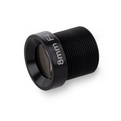 Close-up of a black 8mm camera lens with threaded body, shown on a white background.