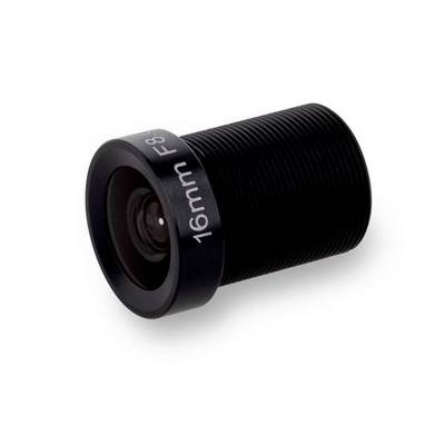 Black 16mm camera lens with threaded body on a white background.