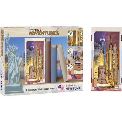 Miniature World book nook kit 'New York' with illuminated skyline and Statue of Liberty design, shown on the box and assembled model.