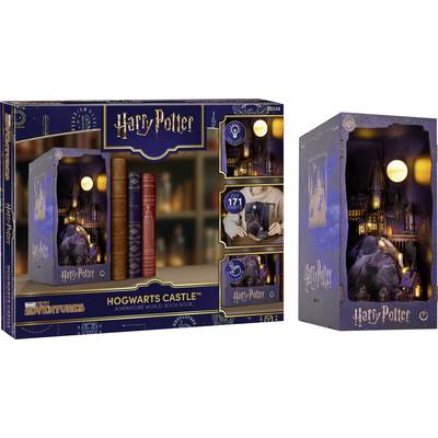 Harry Potter Hogwarts Castle miniature world book nook, shown as an open bookcase insert and its retail box with glowing castle scene.