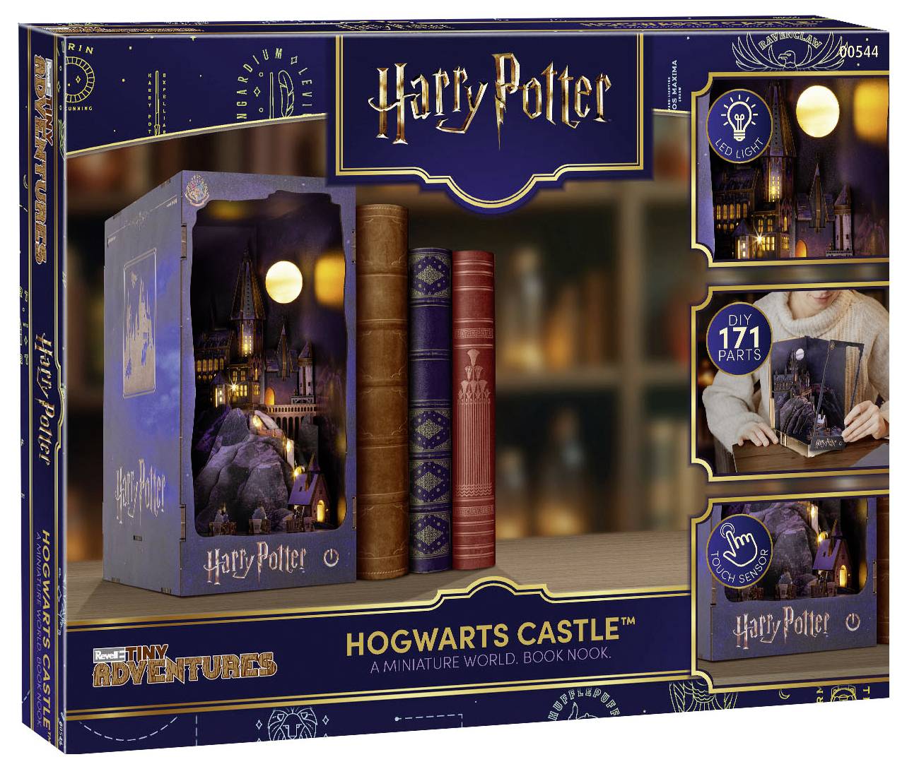 Harry Potter Hogwarts Castle miniature world book nook kit box, showing the finished illuminated castle scene and DIY 171-part assembly preview.