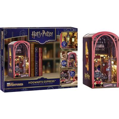 Harry Potter Hogwarts Express miniature world book nook kit displayed in packaging, showing a detailed red train station scene with lights and a '238 parts' label.