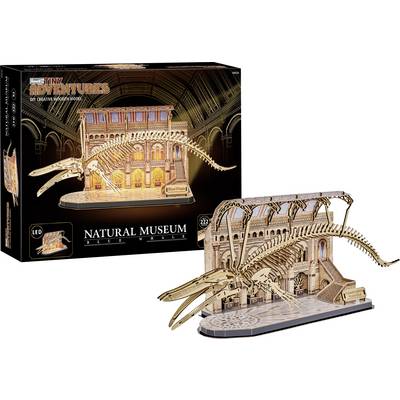 3D model kit of a natural history museum scene with a large skeleton and display base, shown with the product box and assembled model.