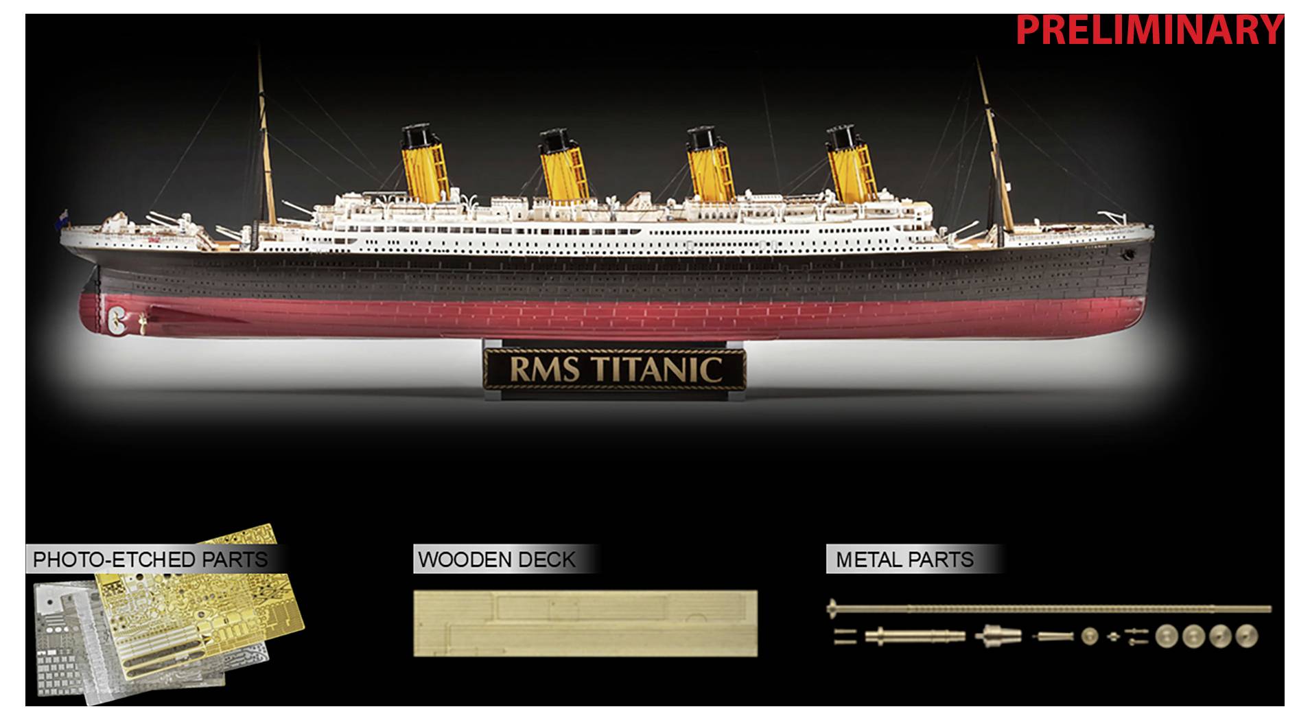 Model image of the RMS Titanic with four yellow funnels, displayed with labeled included materials: photo-etched parts, wooden deck, and metal parts.