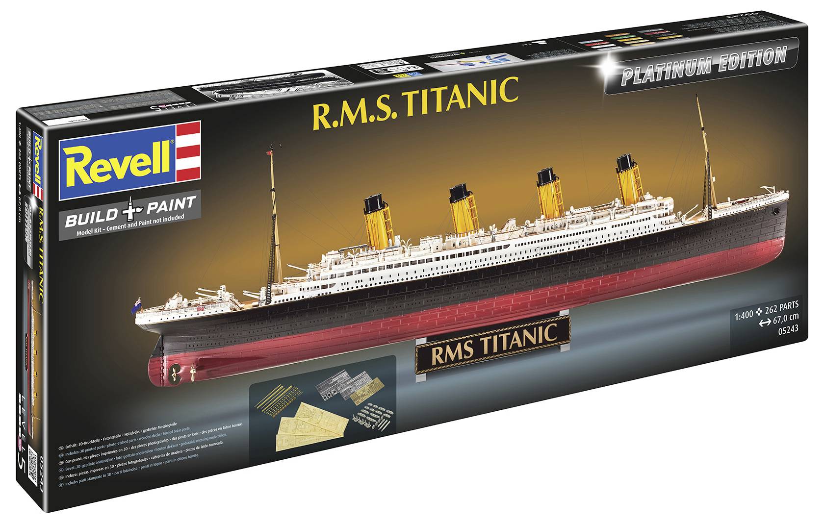 Revell Platinum Edition model kit box for R.M.S. Titanic, showing a large ship illustration and Build + Paint branding.