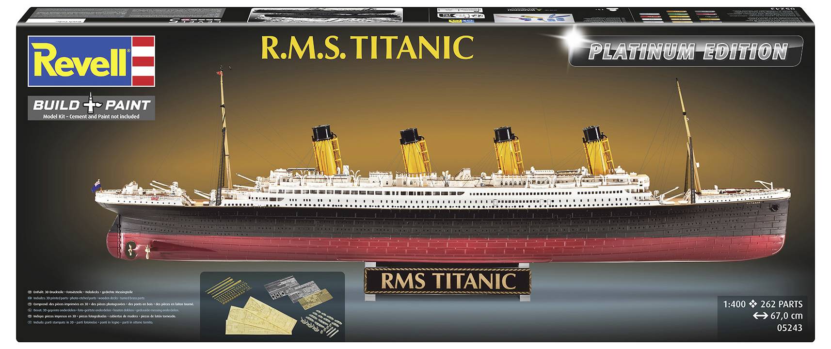 Revell model kit box art showing the RMS Titanic ocean liner, labeled 'R.M.S. TITANIC' and 'Platinum Edition', 1:400 scale, 262 parts.