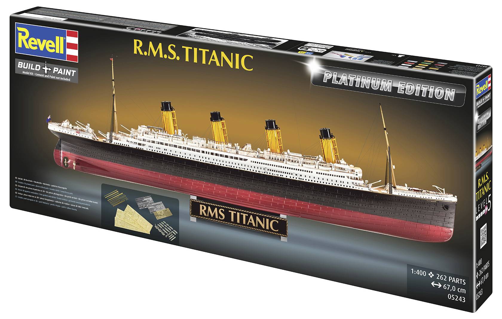 Box art for a Revell 'R.M.S. TITANIC' Platinum Edition model kit, showing the ship and noting 1:400 scale, 262 parts, and 67.0 cm length.