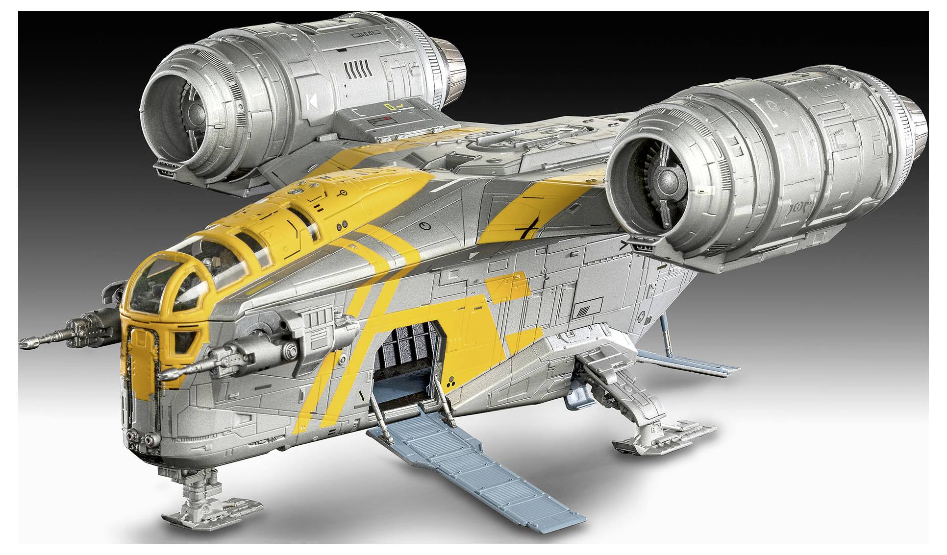 A futuristic gray and yellow spaceship with twin large engines, front cockpit, landing gear, and an open side ramp.