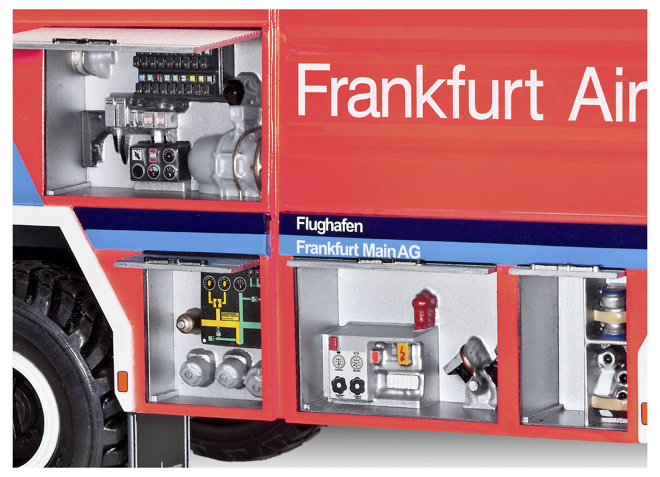 Close-up of a Frankfurt Airport fire truck showing side-mounted control panels, hose equipment, and the vehicle branding 'Frankfurt Air' and 'Flughafen Frankfurt MainAG'.