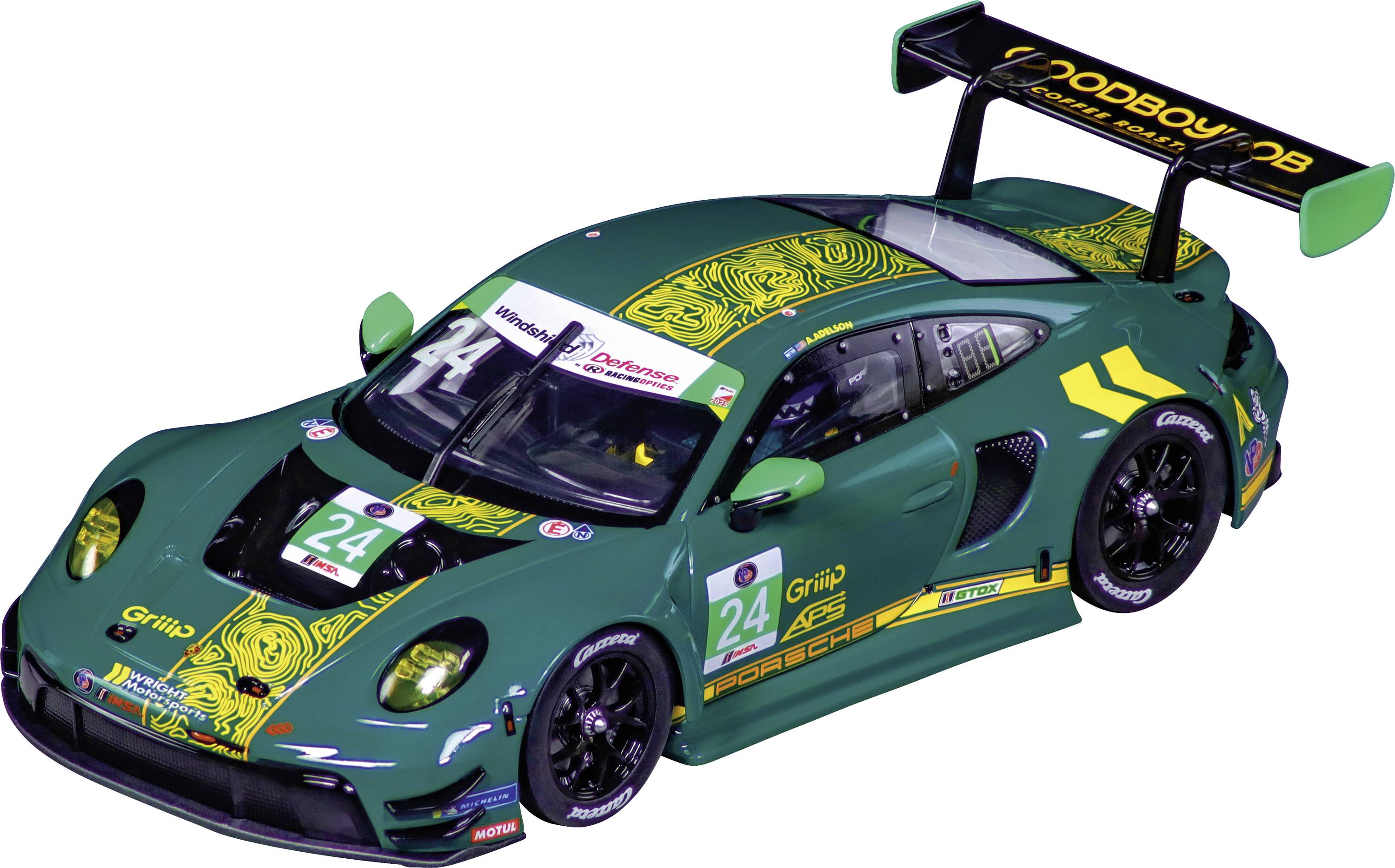 Green Porsche race car with number 24 and large rear wing, shown on a white background.
