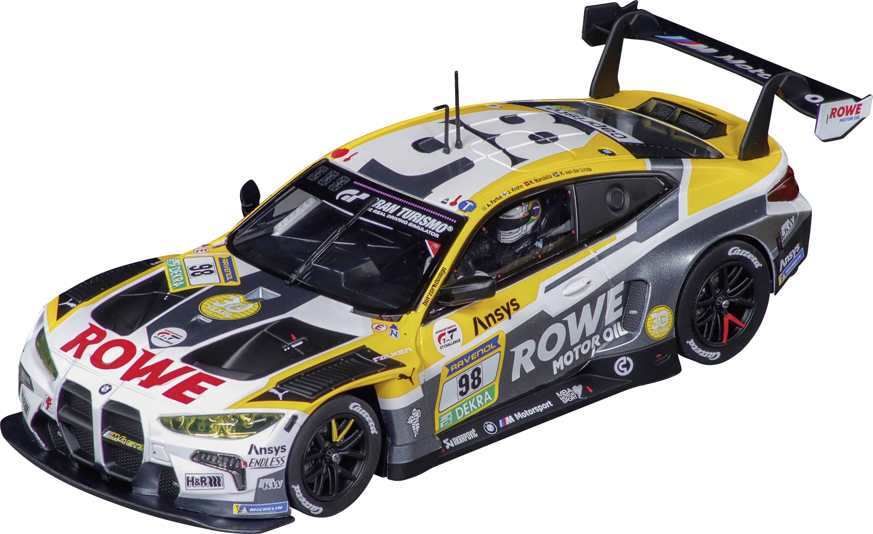 Yellow-and-black ROWE Motorsports GT race car with sponsor logos, shown in three-quarter view on a white background.