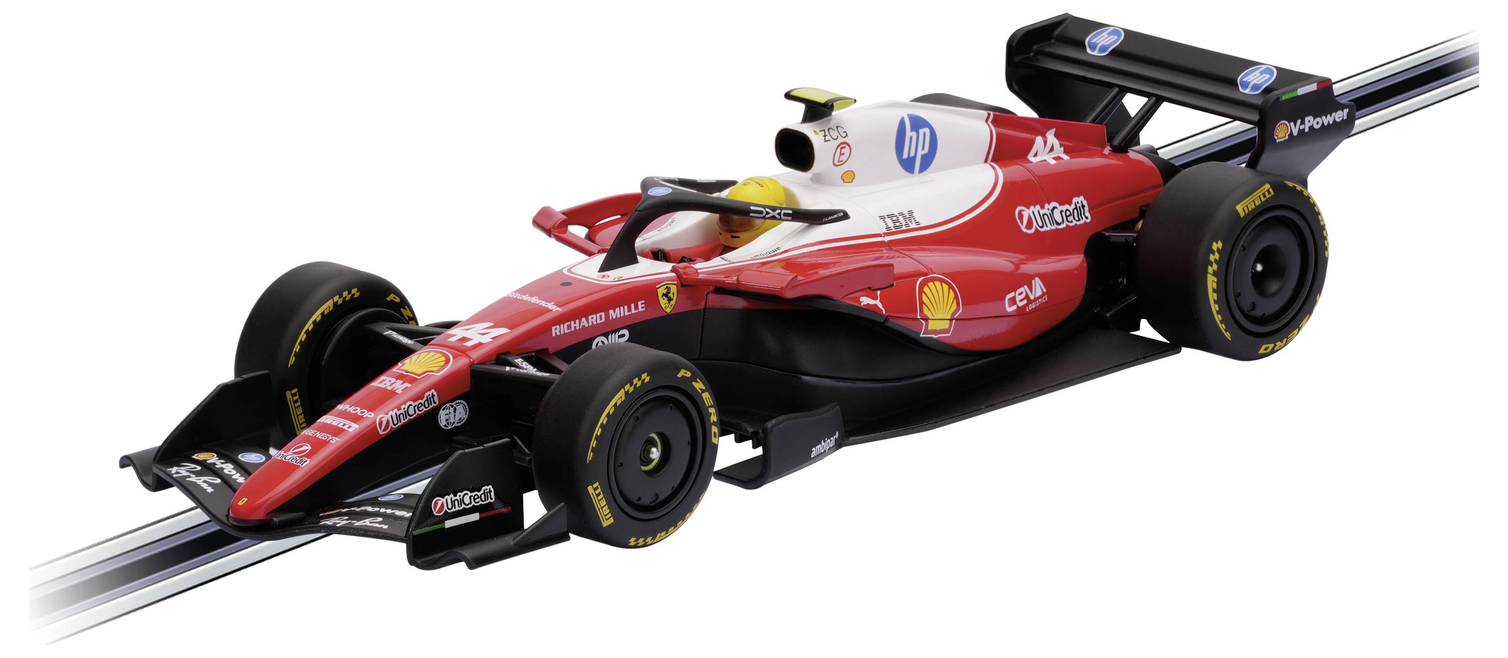 Red-and-white Formula 1 race car with HP and Shell logos, shown angled on a white background.