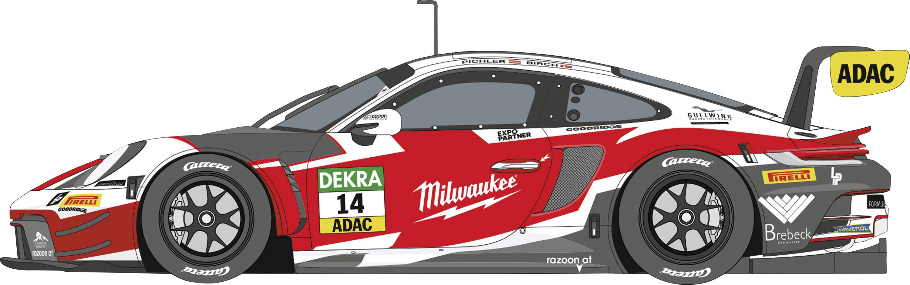 Red and white Milwaukee/ADAC race car in side view, number 14, with sponsor decals and large rear wing.