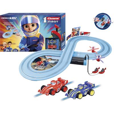 Carrera FIRST Formula KIDZ toy race track set with looping blue track, two slot cars, controller, and box featuring a cartoon driver<br>