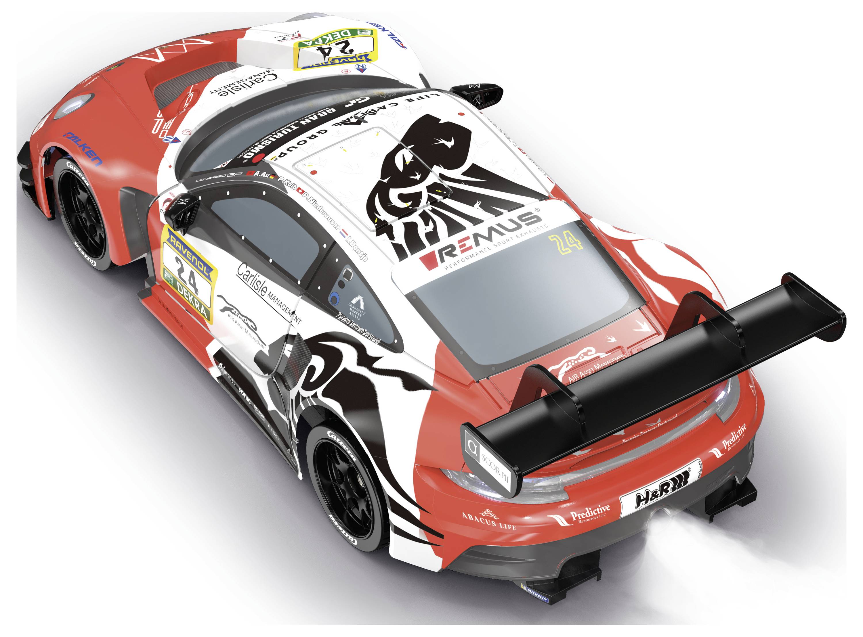 Red and white REMUS race car with black graphics and a large rear wing, shown from above on a white background.