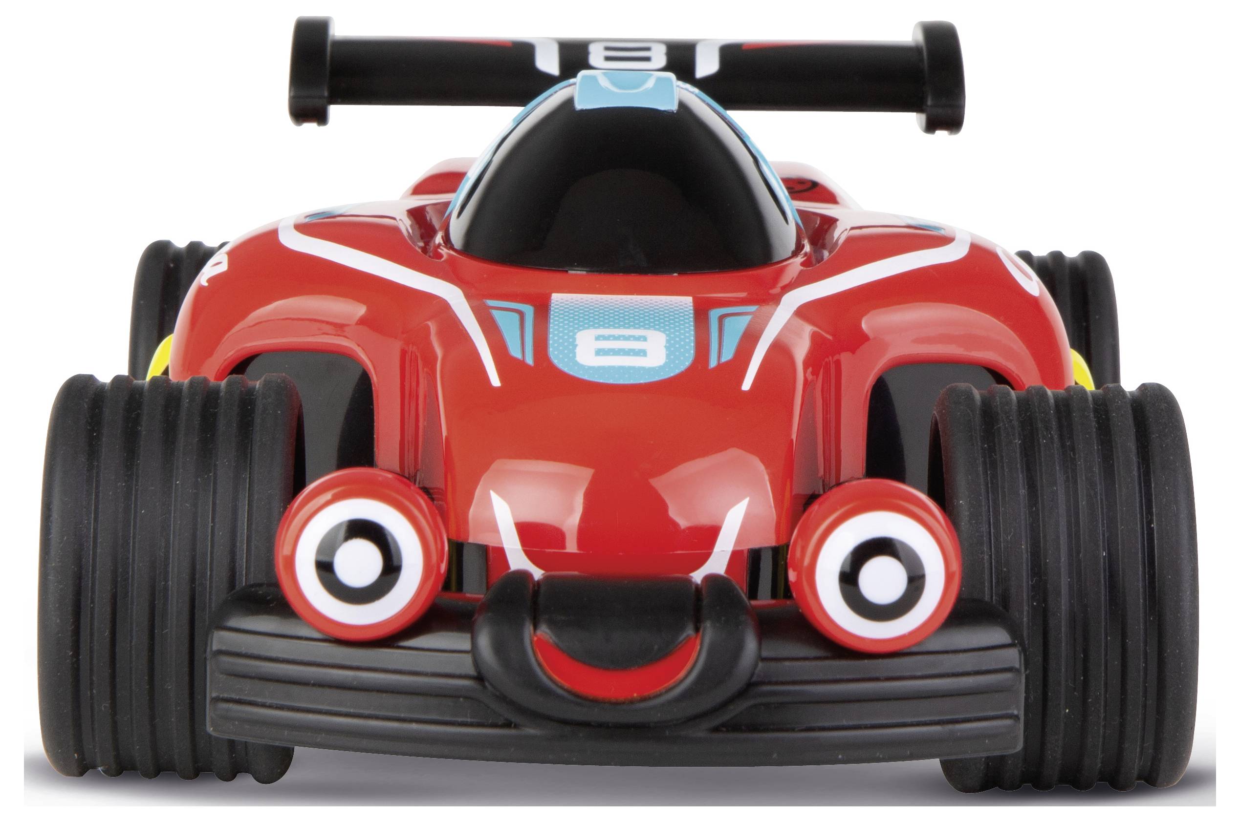Front view of a red toy race car with large black wheels, blue number 8 decals, and a black rear spoiler on a white background.