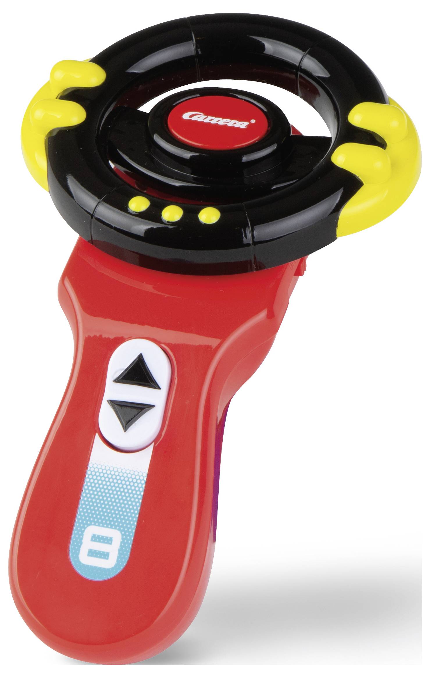 Red handheld toy steering wheel controller with black and yellow wheel, white up/down buttons, and a blue display showing 8 on a white background.