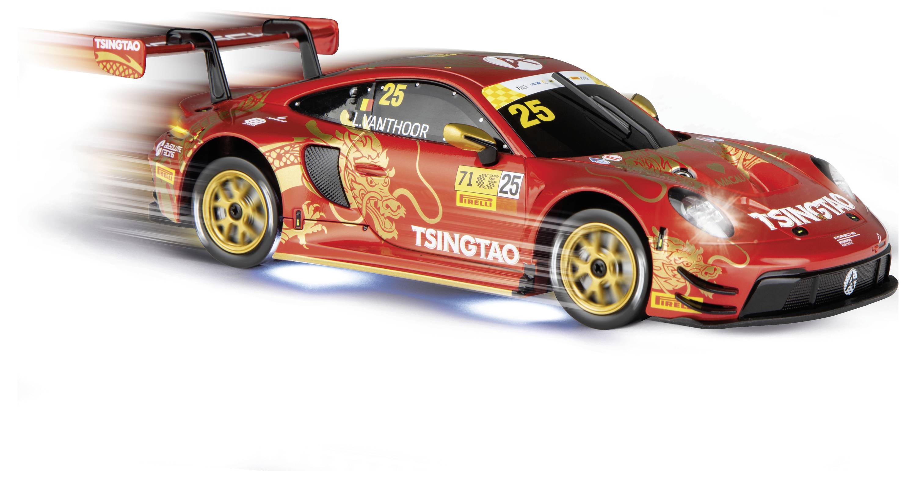 Red race car with yellow wheels and large rear wing, branded 'TSINGTAO', number 25 on the side and windshield.