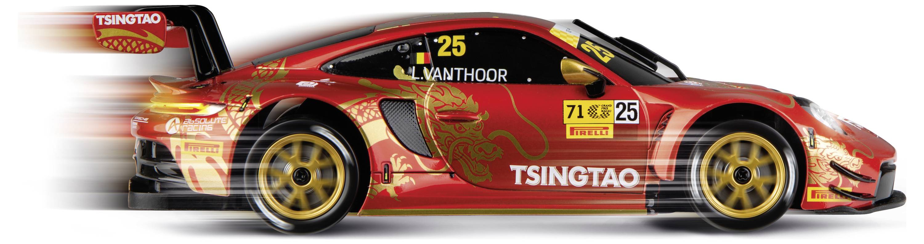 Side view of a red TSINGTAO race car with number 25 and sponsor logos, shown in motion on a white background.