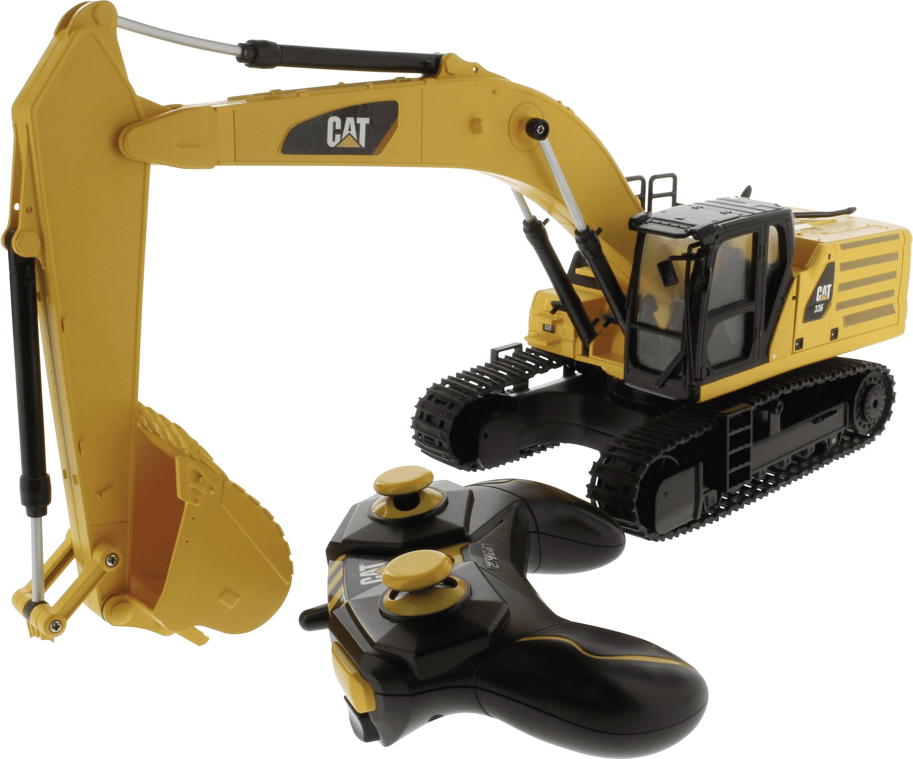 Yellow CAT remote-controlled excavator toy with black controller on a white background.
