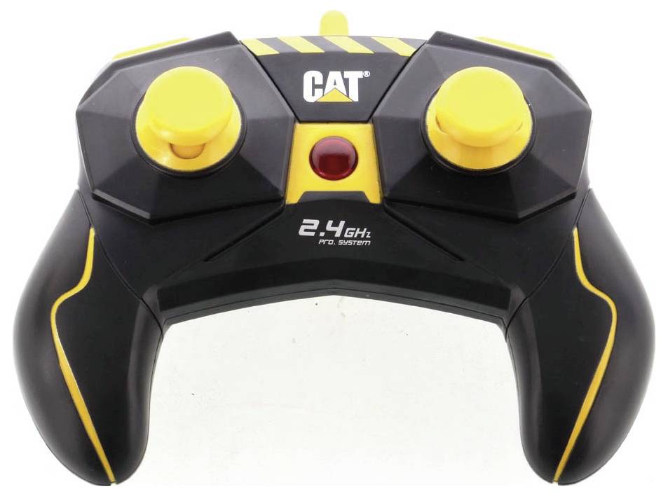 Black and yellow CAT remote controller with two joysticks and a red center button, labeled '2.4 GHz Pro System'.