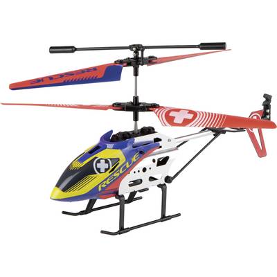 Colorful rescue-themed toy helicopter with dual rotors, red and blue blades, and Swiss cross markings on a white background.