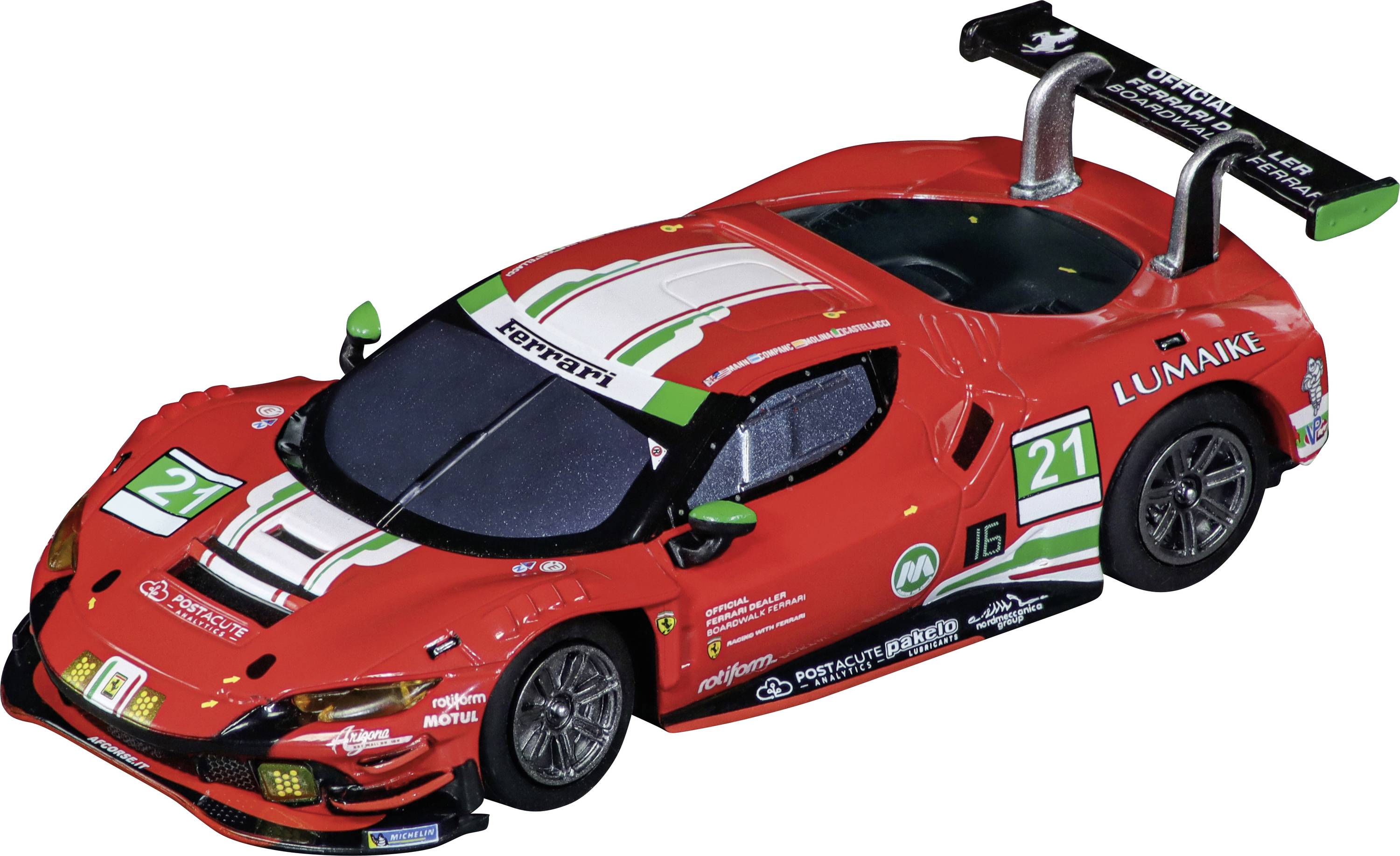 Red Ferrari race car model with green, white, and black sponsor decals, number 21, and a large rear wing on a white background.