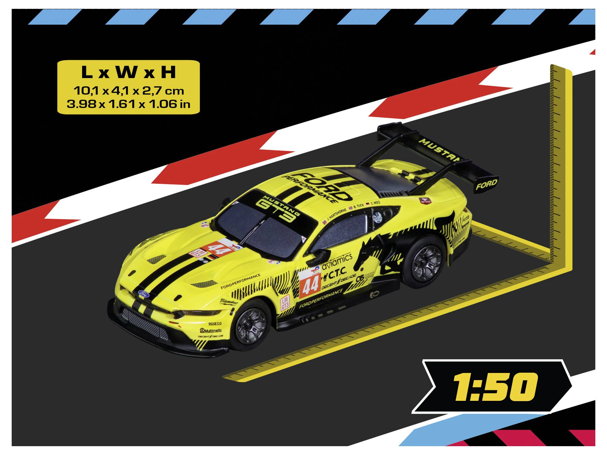 Box image of a yellow Ford GT race car model in 1:50 scale, with dimensions listed as 10.1 x 4.1 x 2.7 cm (3.98 x 1.61 x 1.06 in)