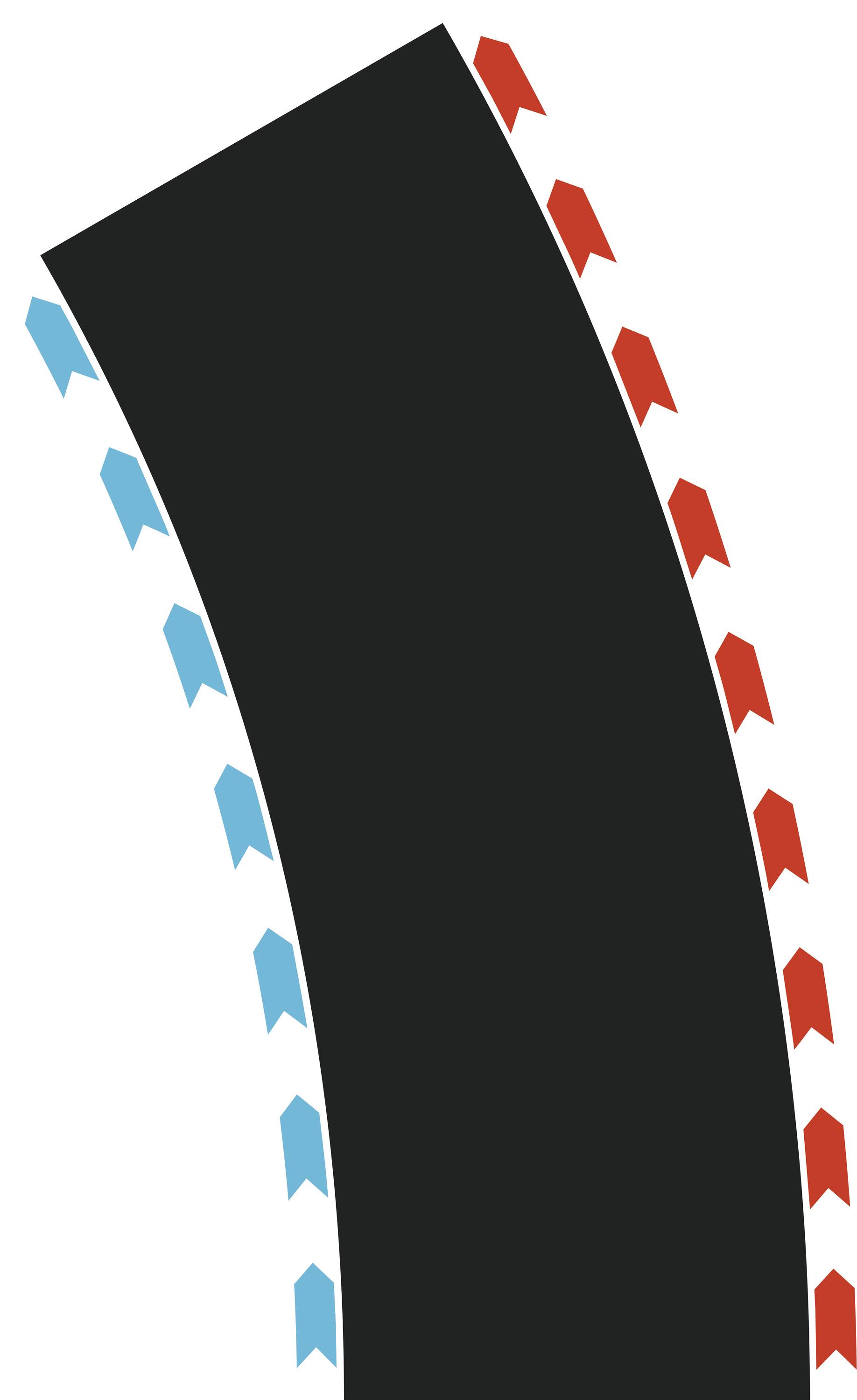 Curved black vertical panel with blue arrows along the left edge and red arrows along the right edge, suggesting opposing directions or flow.