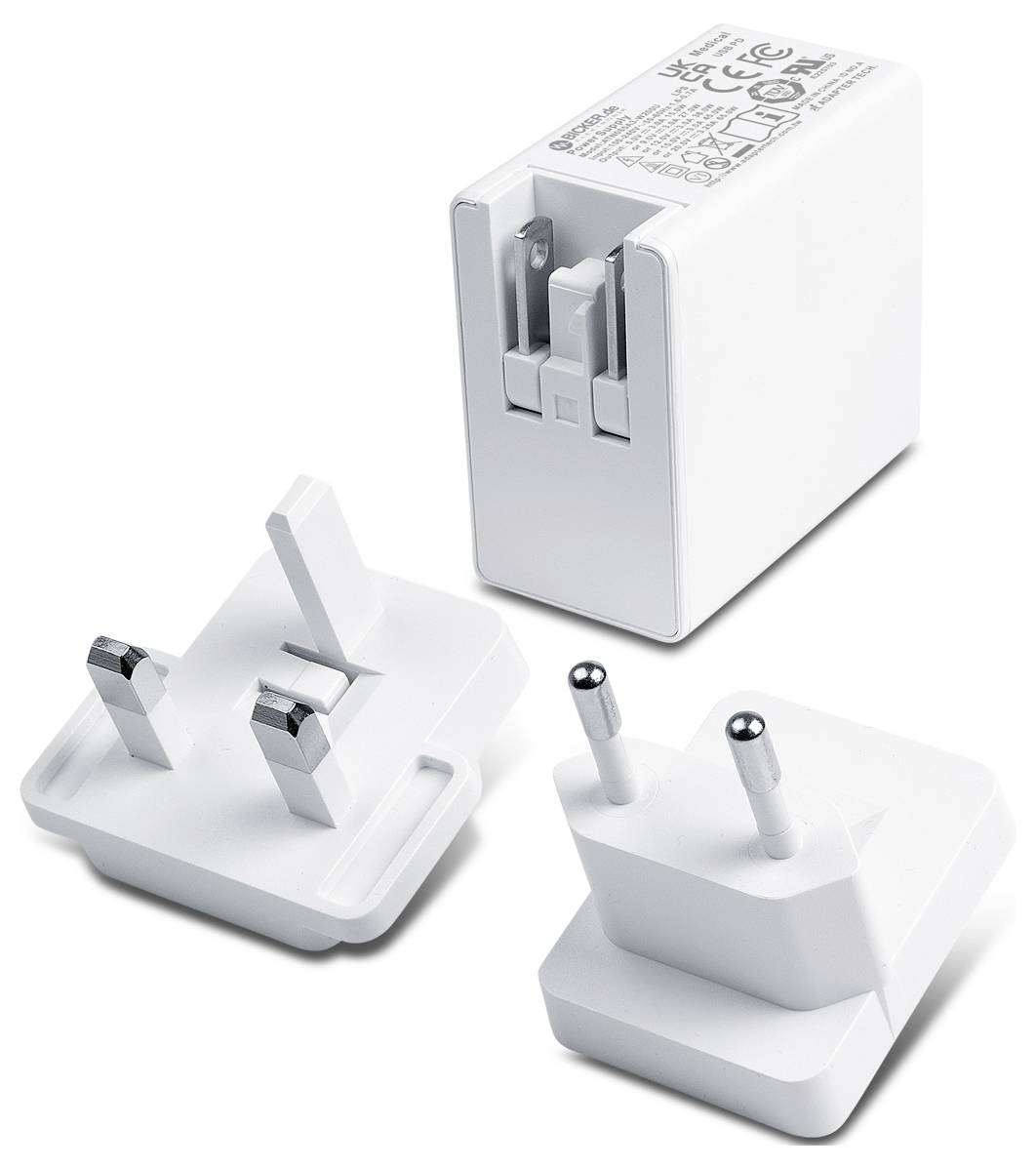 White power adapter with interchangeable plug heads shown detached, including UK three-pin and two-pin plugs, on a white background.
