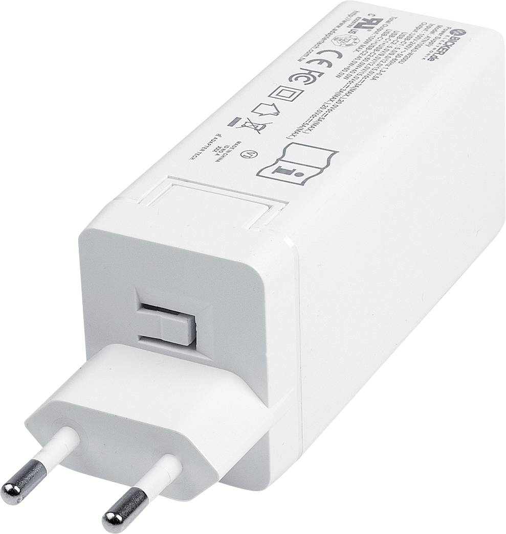 White EU plug-in power adapter with two round prongs, shown at an angle on a plain background.