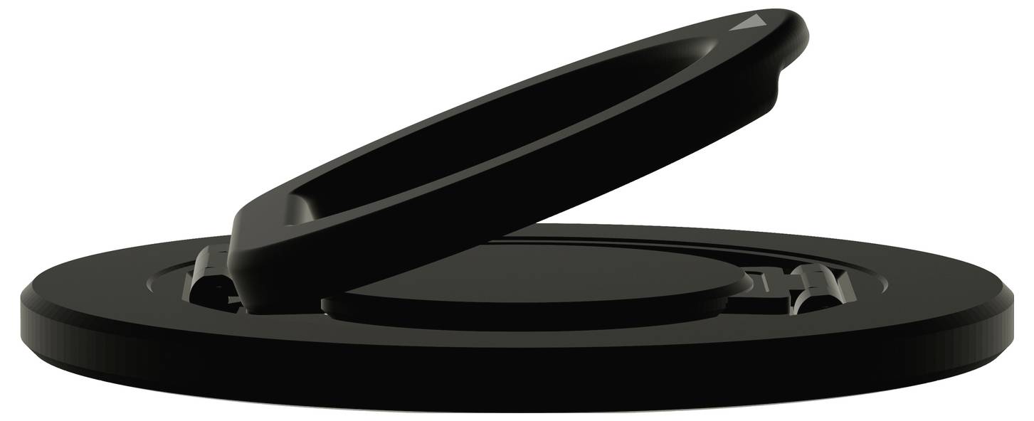 Black round ink stamp or embossing seal with a hinged handle, shown open on a white background.