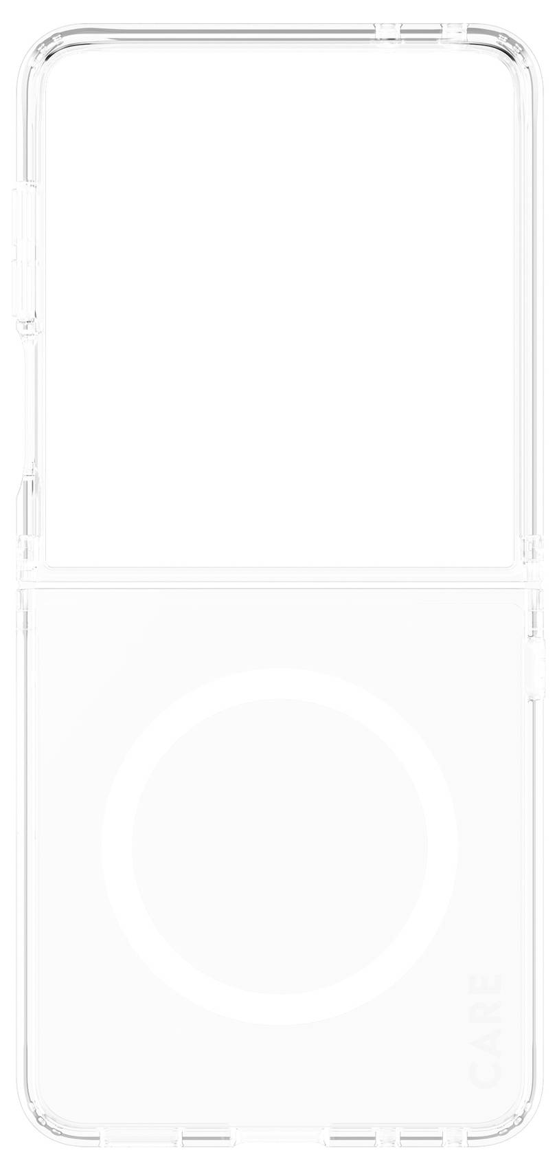 Clear protective smartphone case shown front-on with a circular MagSafe-style ring on the back and cutouts at the edges.