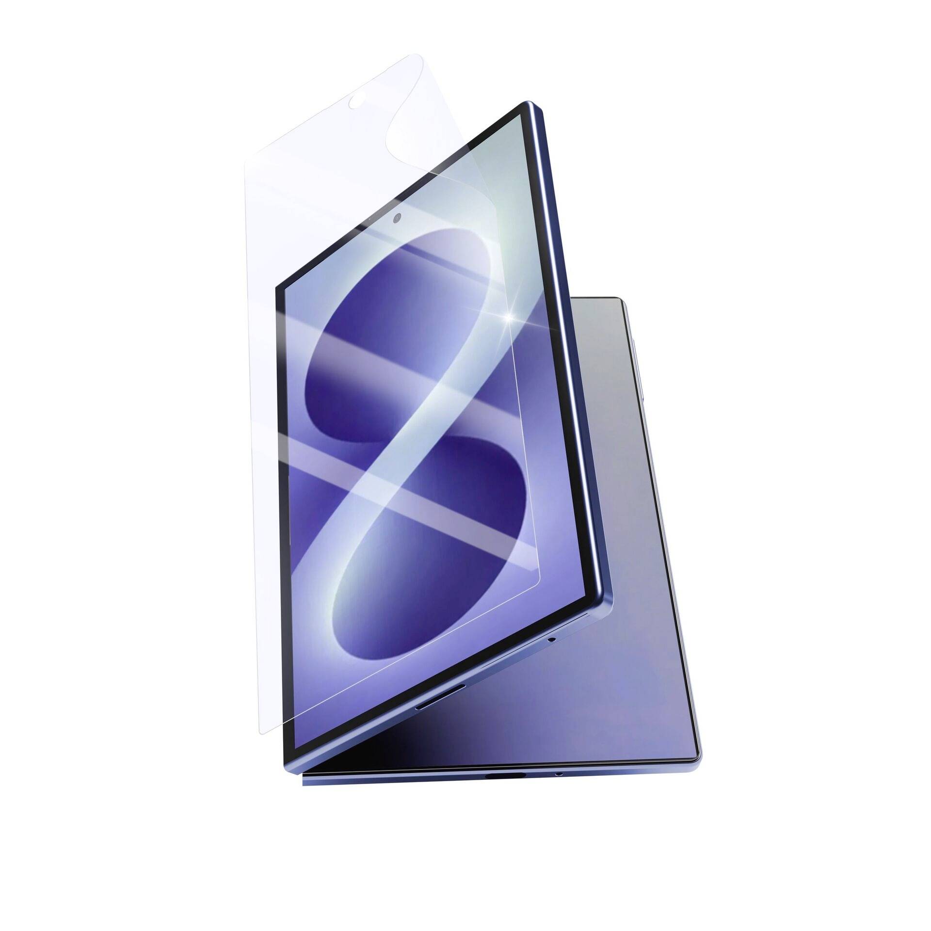 Two sleek tablets shown in a stacked, angled view with a translucent screen protector lifting off the front tablet.<br>