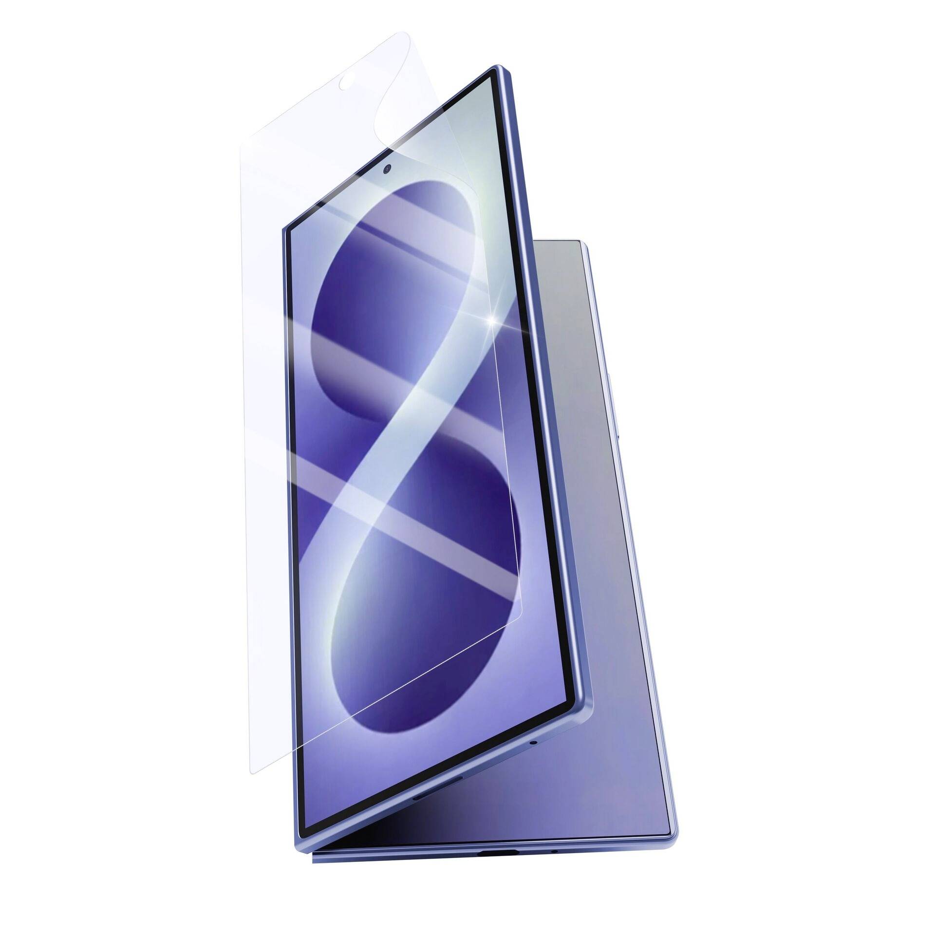 Two smartphones shown at an angle, with the front phone displaying a blue abstract wallpaper and a translucent protective case behind it.