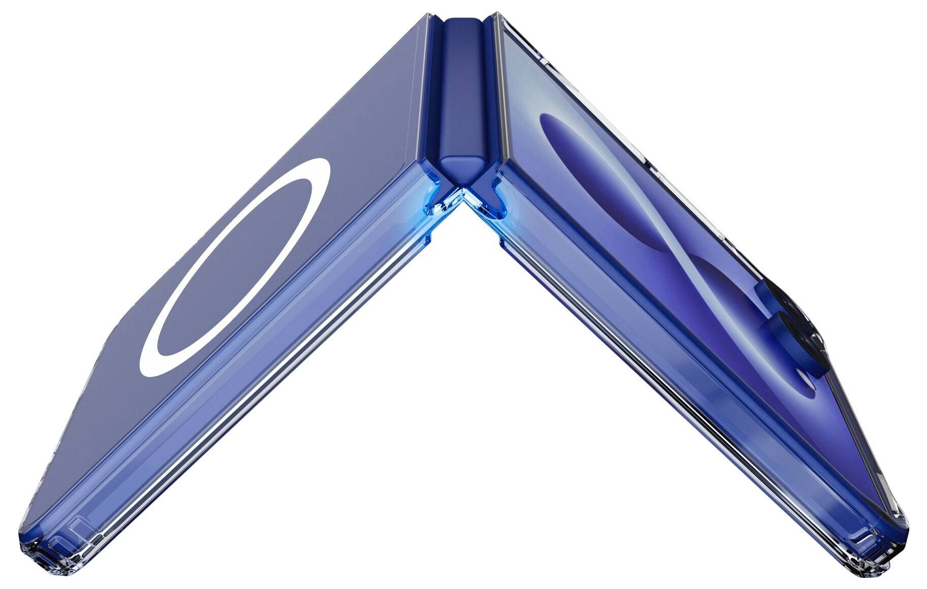 Blue clamshell-style folding phone partially open in a V shape, showing a compact hinged design against a white background.