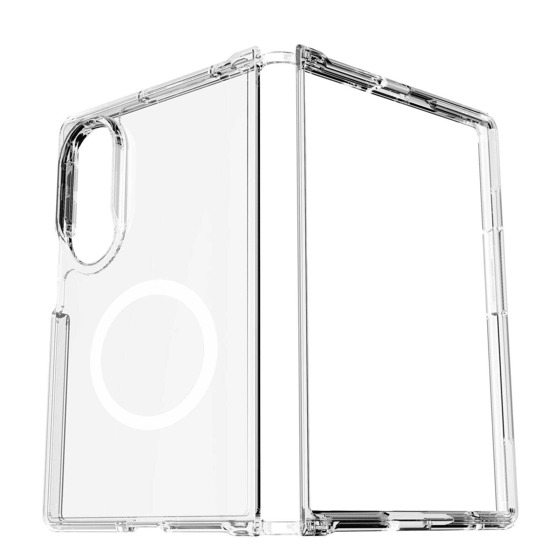 Clear foldable phone case shown open, with camera cutout and circular MagSafe-style ring on the back panel.