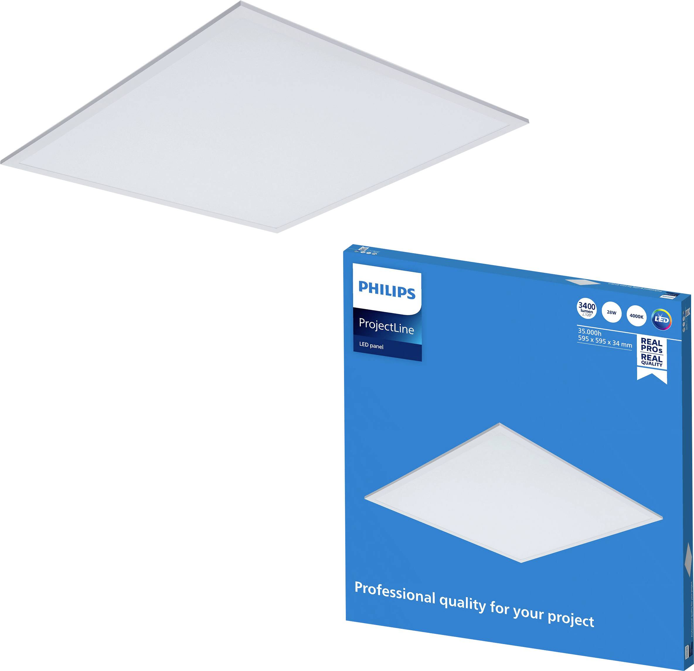 Philips ProjectLine LED panel light shown with its blue retail box, which says 'Professional quality for your project'.