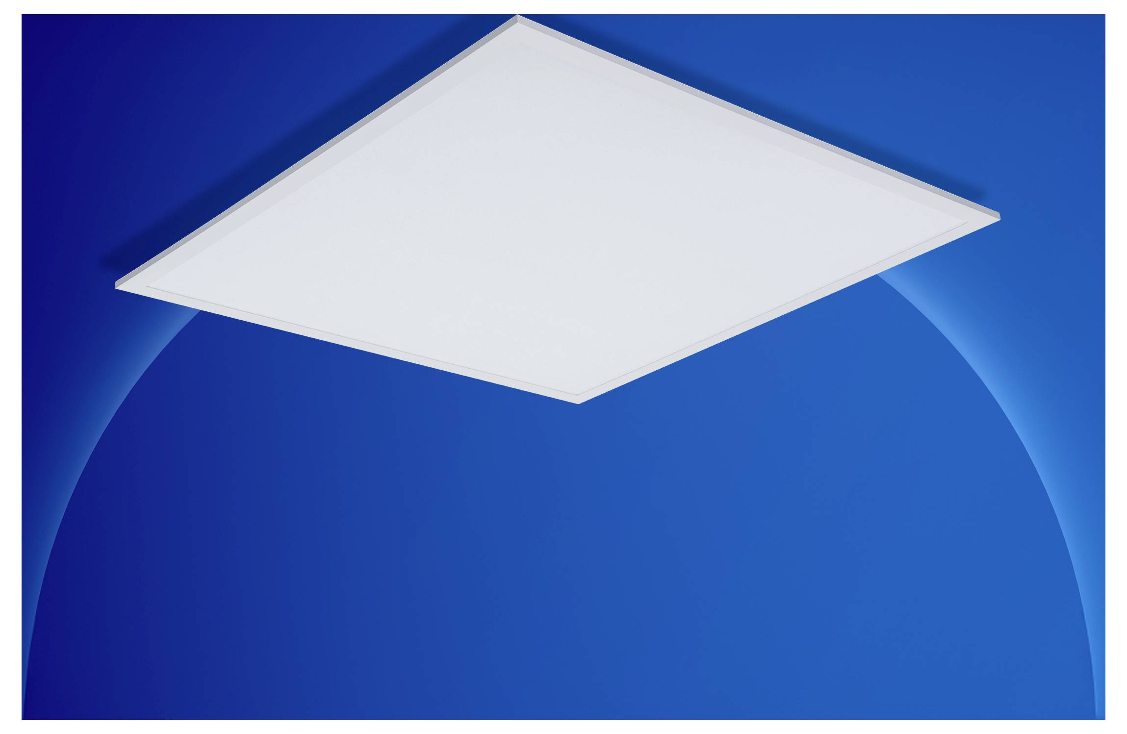 Minimalist blue background with a white, tilted rectangular panel or blank sign near the top center.
