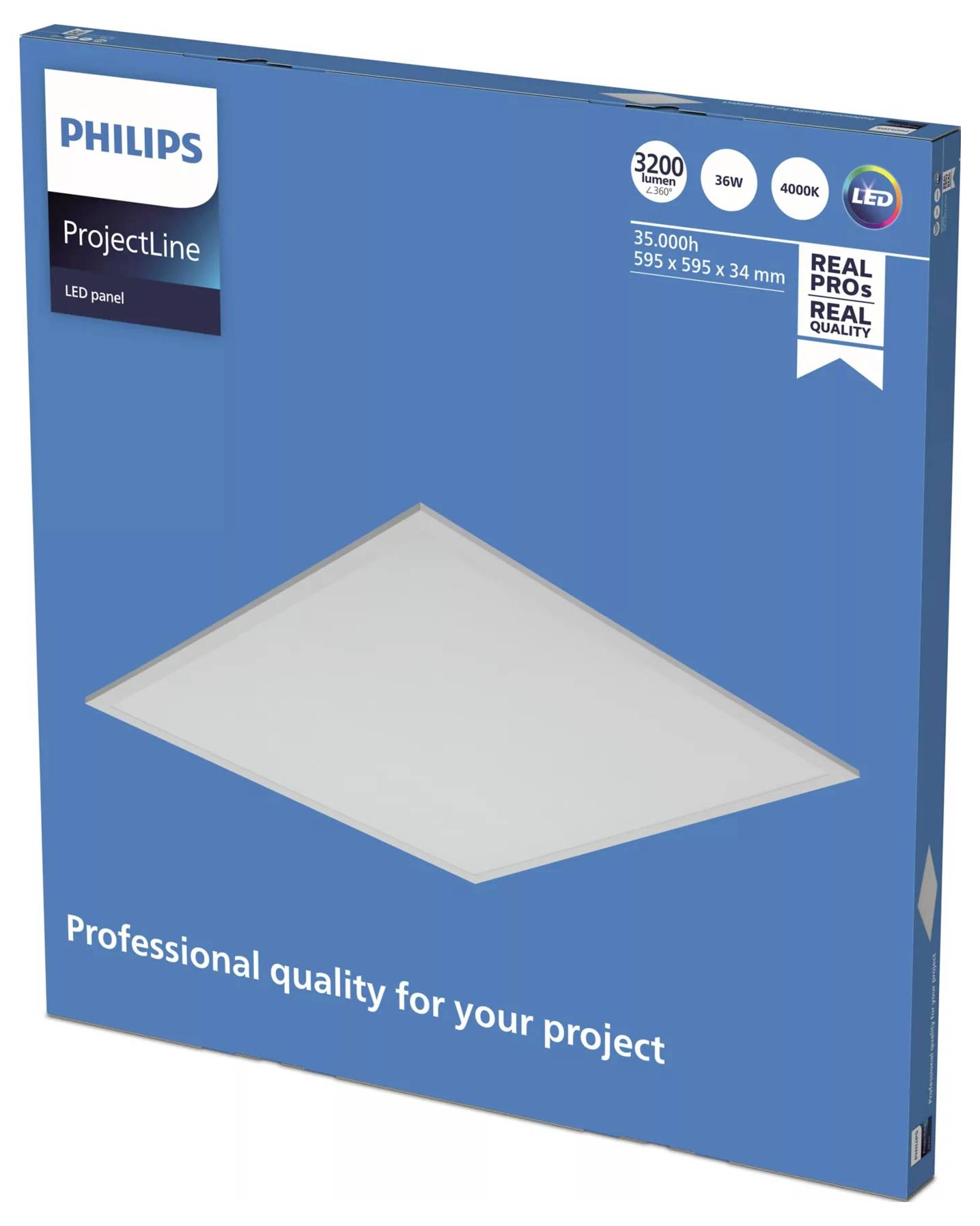 Philips ProjectLine LED panel packaging, showing a white square ceiling light and text 'Professional quality for your project', 3200 lm, 36W, 4000K, 35,000 h.