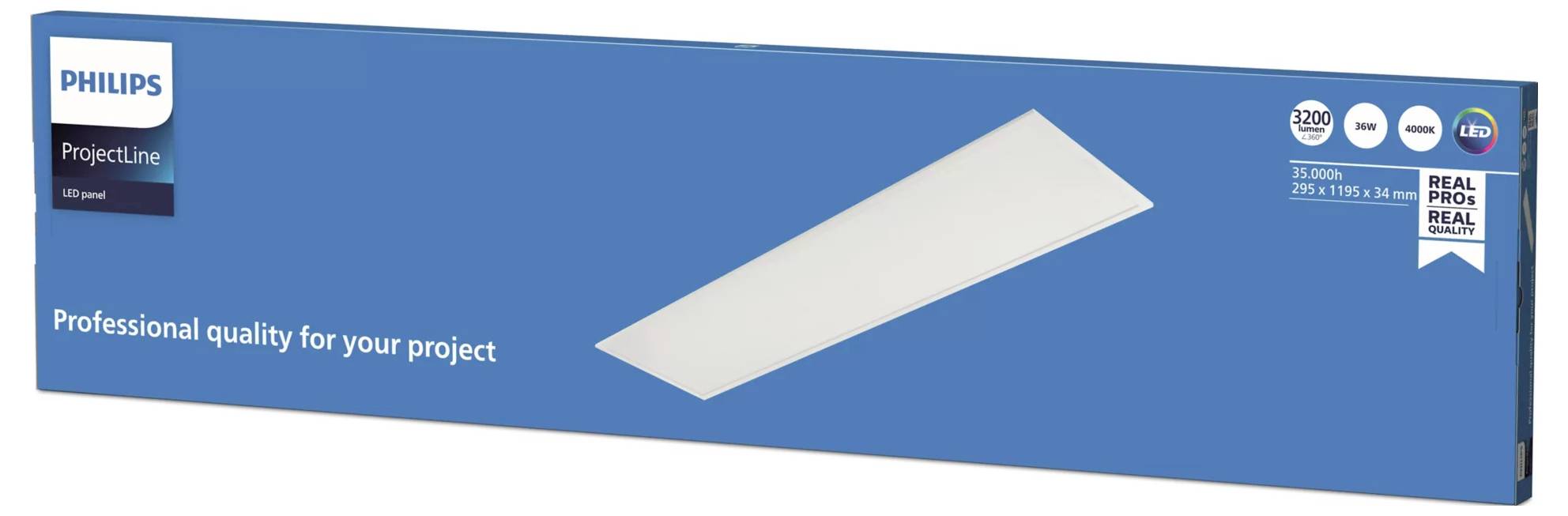 Philips ProjectLine rectangular LED panel light package in blue, labeled 'Professional quality for your project'.<br>