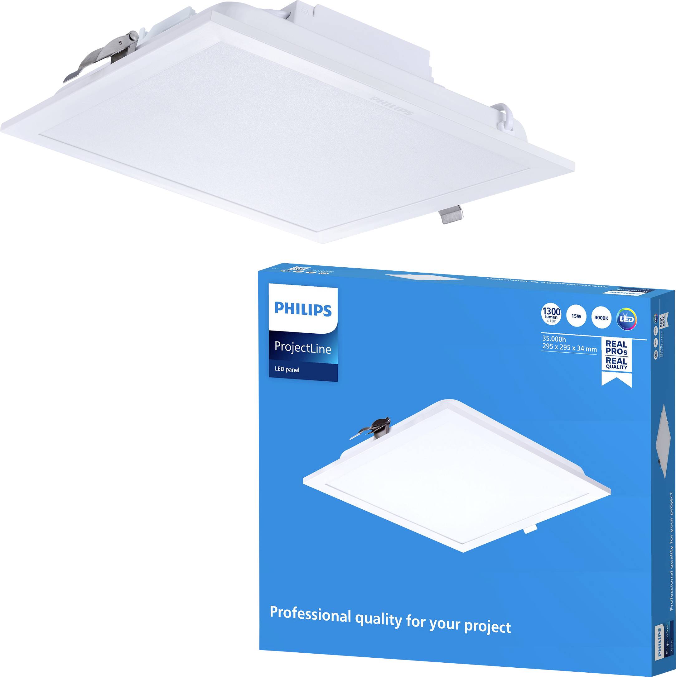 Philips ProjectLine LED panel light and blue product box, showing a square recessed ceiling panel labeled for professional-quality lighting.<br>